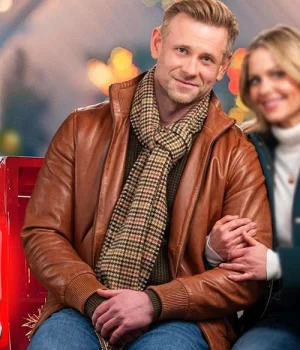 A Christmas Less Traveled Eric Johnson Brown Leather Jacket front view