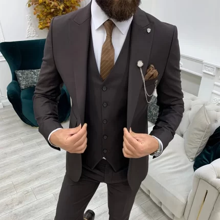 Mens Three Piece Brown Tuxedo Two Button Wedding Suit