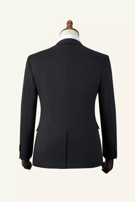 Back view of the Black Peaked Lapel 3-Piece Tuxedo Suit showing the tailored fit.