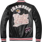 Back view of the Cool Embroidered Mens Leather Baseball Jacket showing embroidered patches