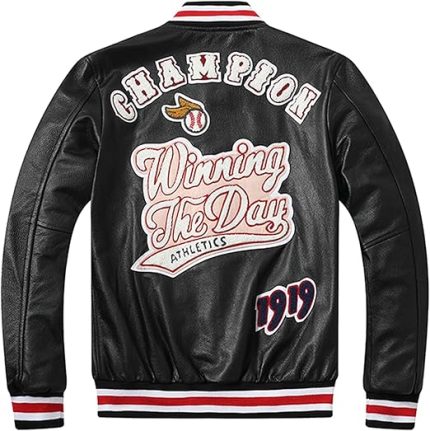 Back view of the Cool Embroidered Mens Leather Baseball Jacket showing embroidered patches