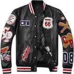 Front view of a Cool Embroidered Mens Leather Baseball Jacket