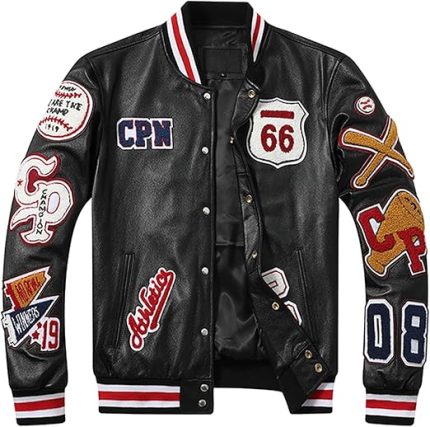 Front view of a Cool Embroidered Mens Leather Baseball Jacket