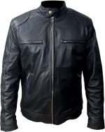 Front view of a Gentleman Zipper Pocket Leather Coat with stand neck