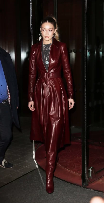 Gigi Hadid Maroon Trench Coat Front View