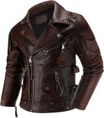 Front view of a Mens Graphite Distressed Multi-Zipper Leather Biker Jacket