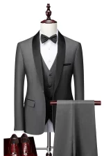 Closeup of the Gray Tuxedo Suit focusing on the fabric details and buttons
