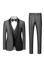 Front view of a Gray Tuxedo Suit with shawl lapel and bow tie