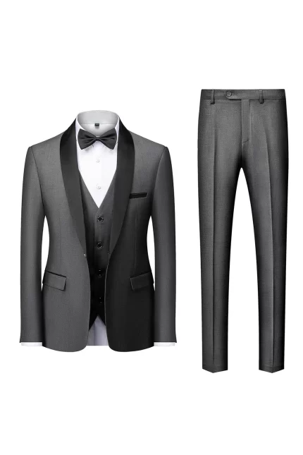 Front view of a Gray Tuxedo Suit with shawl lapel and bow tie