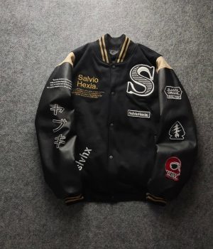 Authentic Men Black Varsity Bomber Jacket Front View