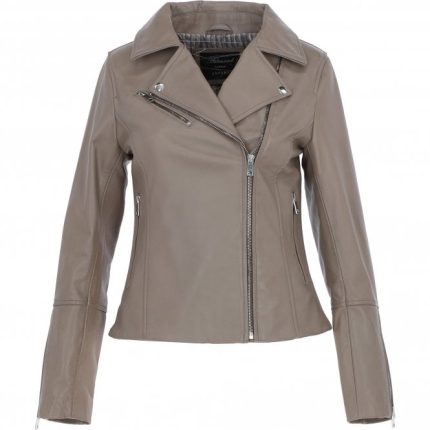 Ladies biscuit leather biker jacket, front view in veg-tanned leather, sustainable moto style.
