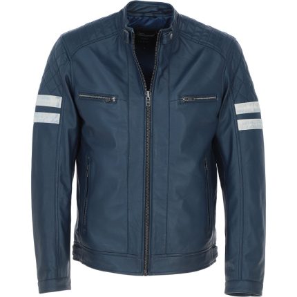 Leather Biker Jacket with Bold Contrasting Stripe Navy front view