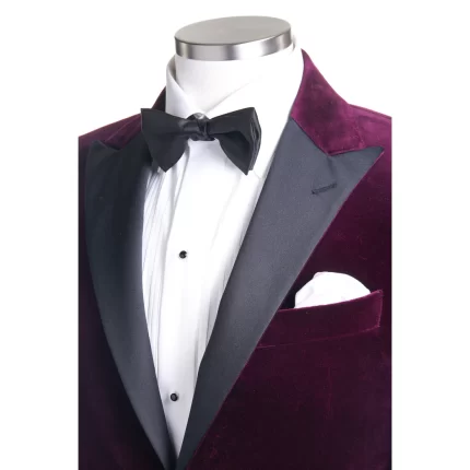 Closeup of a maroon velvet coat focusing on the texture and details