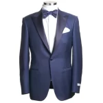 Front view of a Mediterranean Blue Wool Tuxedo Suit with satin peak lapel