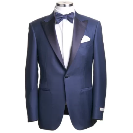 Front view of a Mediterranean Blue Wool Tuxedo Suit with satin peak lapel