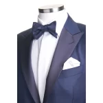 Side view of the Mediterranean Blue Wool Tuxedo Suit highlighting the satin peak lapel