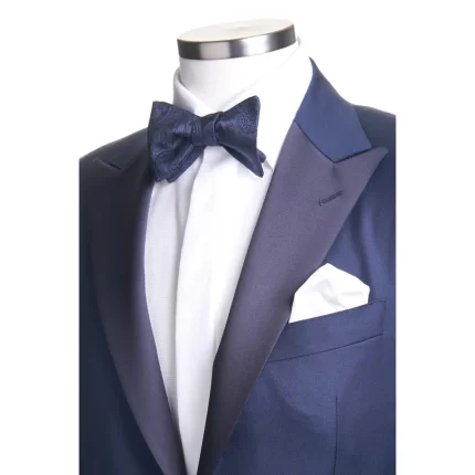 Side view of the Mediterranean Blue Wool Tuxedo Suit highlighting the satin peak lapel