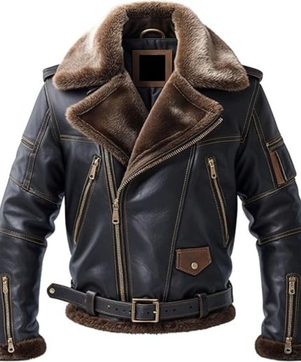 Revofits Men’s Black Fur‑Lined Aviator Biker Jacket Front View – Legendary Style