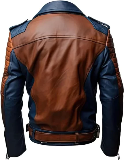Men's Blue Brown Leather Jacket Back View