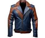 Men's Blue Brown Leather Jacket Front View