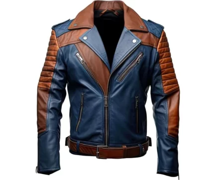 Men's Blue Brown Leather Jacket Front View