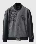 Black Holy Spirit Patched Bomber Varsity Jacket Front View