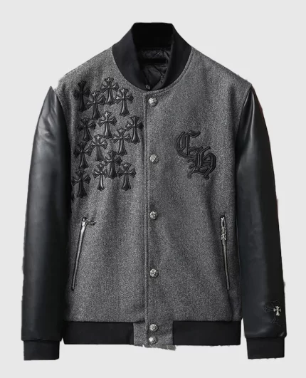 Black Holy Spirit Patched Bomber Varsity Jacket Front View