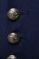 Closeup of the Navy Stand Collar Single Breasted Blazer focusing on the fabric details and gold-tone closures.