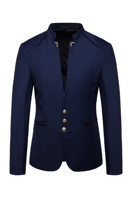 Front view of a Navy Stand Collar Single Breasted Blazer with gold-tone frog closures.