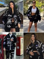 Close-up of embroidered vintage racing car and NASCAR graphics on Revofits Letterman Jacket.