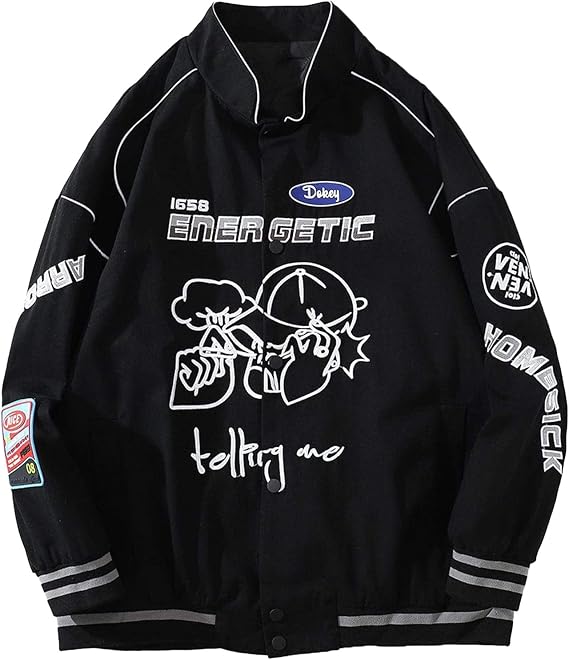 revofits-vintage-racing-letterman-jacket-front-nascar-graphic Front view of Revofits Vintage Racing Car Letterman Jacket with embroidered NASCAR graphics, black/white/gray retro design, and button-front closure