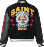 Saint Savior Varsity Jacket paired with jeans for a retro streetwear look.