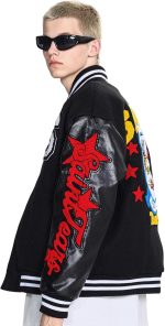 Close-up of embroidered patches and sleeve graphics on Saint Savior Varsity Jacket