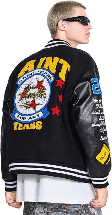 Back view of Saint Savior Jacket showcasing bold "S" logo and vintage baseball streetwear style.