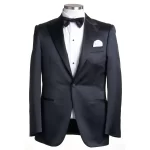 Front view of a Silk Jacquard Tuxedo Jacket with peak lapel and bow tie