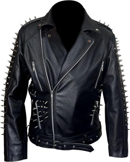 Front view of a Spike Studded Mens Motorcycle Leather Jacket with asymmetrical zipper