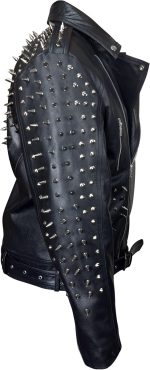 Side view of the Spike Studded Mens Motorcycle Leather Jacket highlighting the spikes and studs