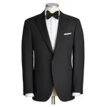 Front view of a black tuxedo with bow tie and white shirt for men