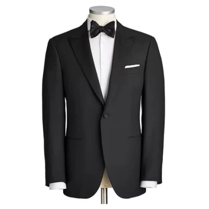 Front view of a black tuxedo with bow tie and white shirt for men