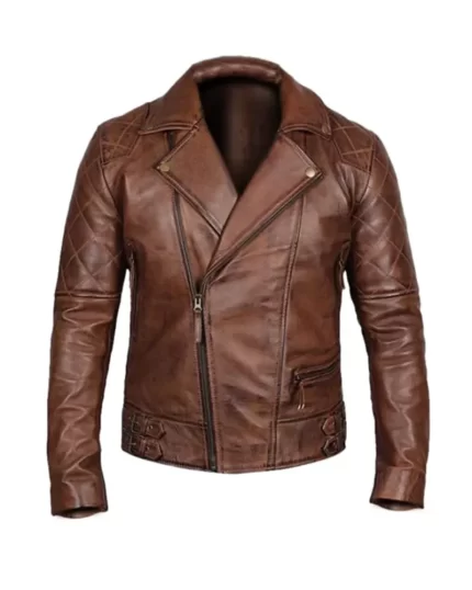 Vintage Quilted Brown Biker Jacket Front View