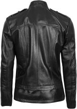 Back view of Revofits women’s asymmetrical leather jacket