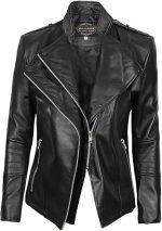 Striking Revofits women’s asymmetrical leather jacket front view