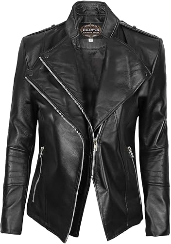 Striking Revofits women’s asymmetrical leather jacket front view