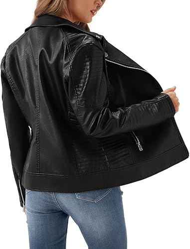 Side profile of Revofits women’s black leather biker jacket