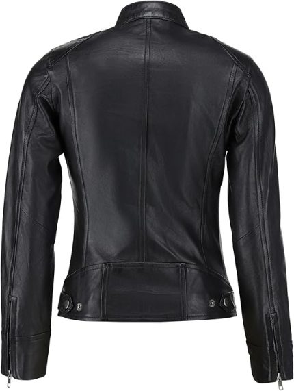 Back view of Revofits women’s black leather moto jacket