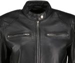 Close‑up of zip pocket and seam detail on women’s moto jacket