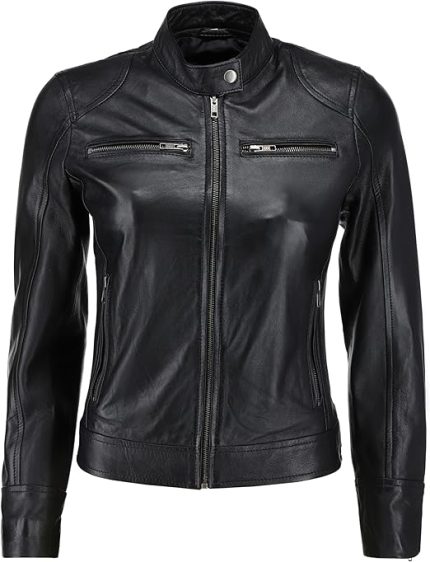 Chic Revofits women’s black leather moto jacket front view