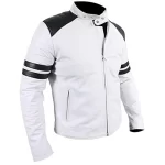 Men Black Stripped White Leather Jacket Front View