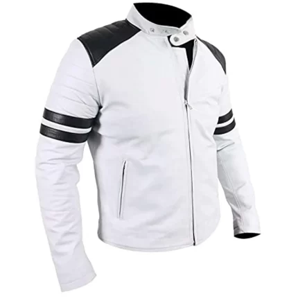 Men Black Stripped White Leather Jacket Front View