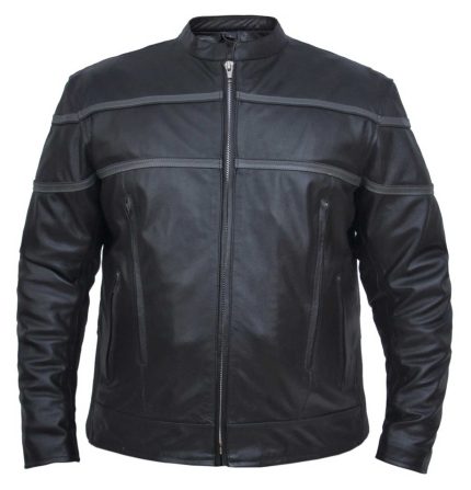 Men Black Premium Gray stripped Leather Jacket Front View